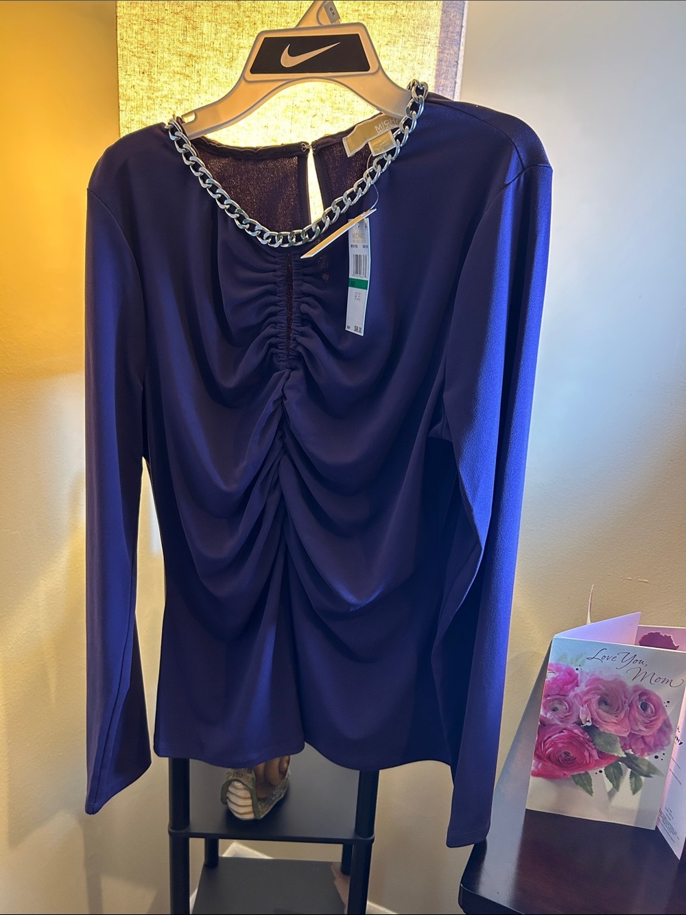 Michael Kors Deep Purple Ruched Front Long Sleeve Top with Chain Trim